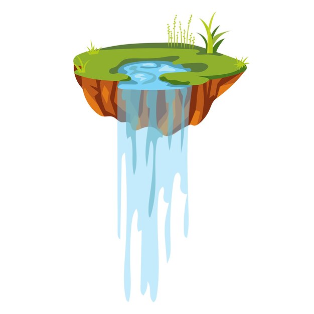 Vector flying ground island in flat design level platform with lawn and waterfall vector illustration isolated