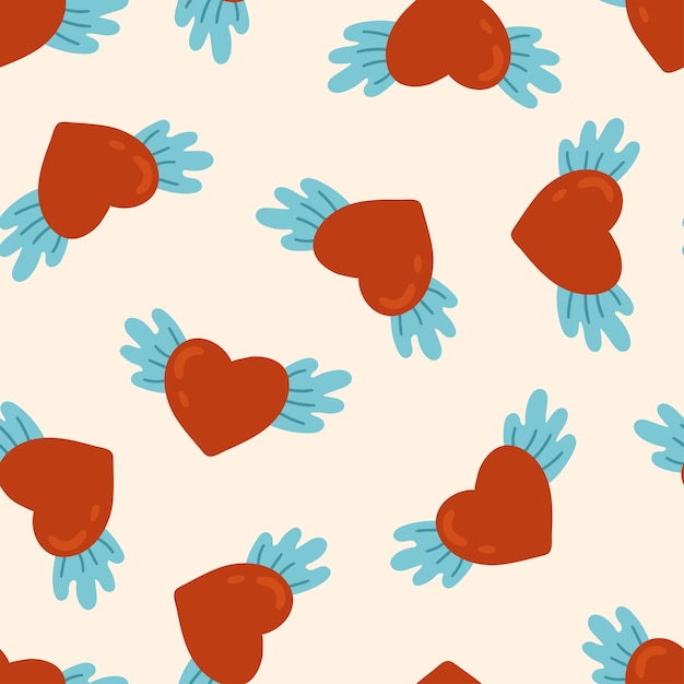 Flying heart with wings vector seamless pattern Valentines day Romantic texture background