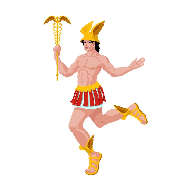 Flying Hermes with golden caduceus The ancient Greek god of trade and luck Vector illustration