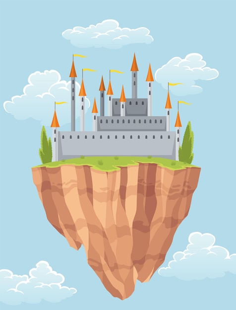 Flying island fairy tale castle Cartoon fantasy palace with towers vector medieval fort or fortress Fairy tale kingdom house building in sky