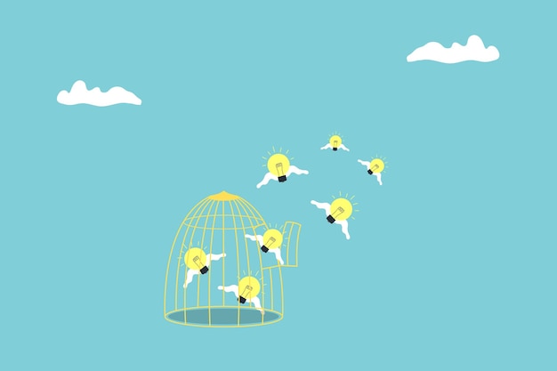 Flying light bulb idea escape from cage creativity idea imagination and business problem solution concept