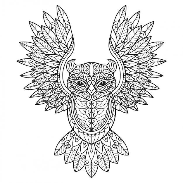 Vector flying owl. hand drawn sketch illustration for adult coloring book.