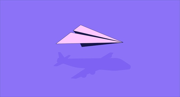 Vector flying paper plane lo fi aesthetic wallpaper shadow of plane origami hobby traveling 2d vector cartoon object illustration purple lofi background 90s retro album art chill vibes