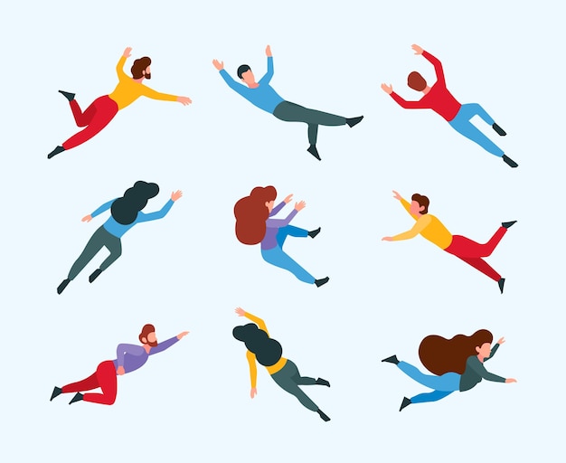 Flying persons Moving and dreaming people in action poses sleeping and imagination space gravity freedom concept garish vector cartoon stylized characters