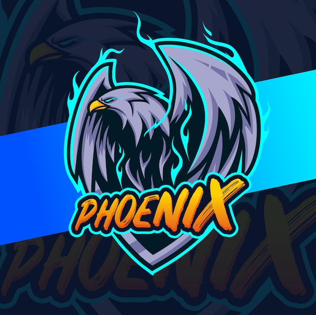 Flying phoenix eagle bird with blue fire mascot character esport design for gamer team and sport logo design