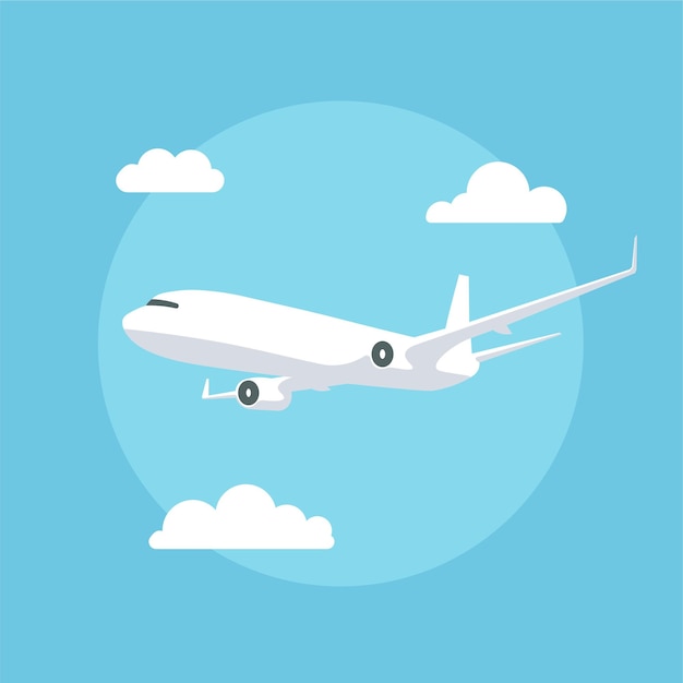 Flying plane in the cloudy sky. Airplane illustration in a flat style isolated on blue background.