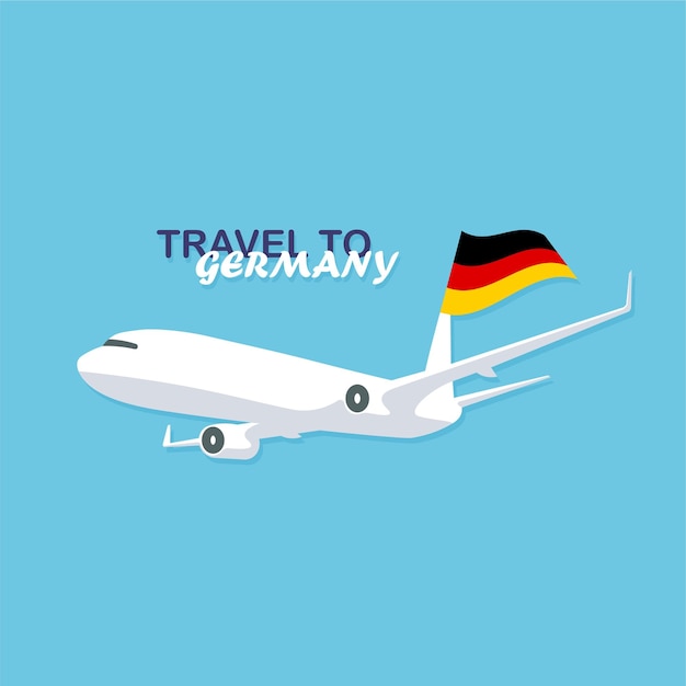 Flying plane in the sky with germany national flag. Travel to Germany. Vector illustration poster.