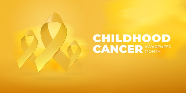 Flying realistic Yellow ribbons on bright Yellow background with copy space. Childhood Cancer Awareness Month typography. Medical symbol in September.  illustration for banner, poster, flyer.