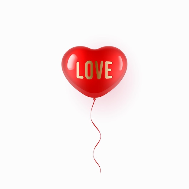 Flying red balloon in heart shape over white background