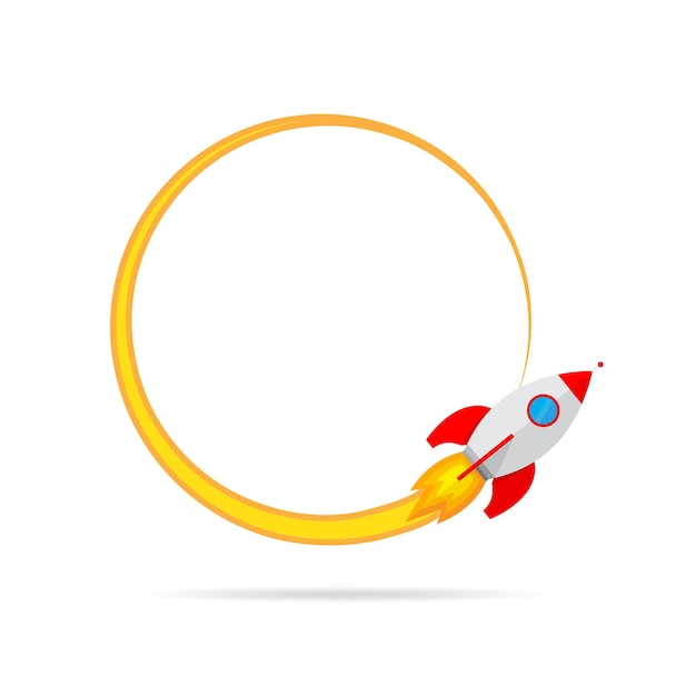 The flying rocket leaving a round track. Colored rocket launch icon in flat design. Vector Illustration.