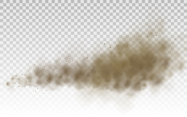 Flying sand. Dust cloud. Brown dusty cloud or dry sand flying with a gust of wind, sandstorm. Brown smoke realistic texture vector illustration.