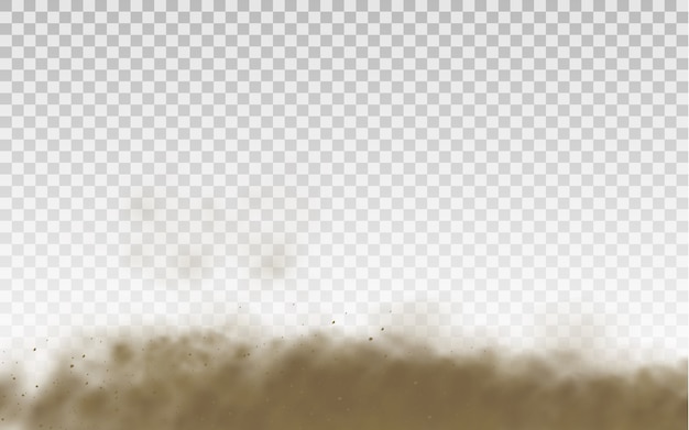 Flying sand. Dust cloud. Brown dusty cloud or dry sand flying with a gust of wind, sandstorm. Brown smoke realistic texture