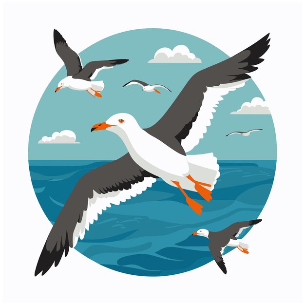 Vector flying seagulls bird isolated on a white background soaring seabird vector illustration in a flat style