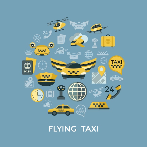 Flying taxi icons collection