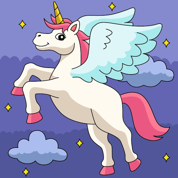 Flying Unicorn Colored Cartoon Illustration