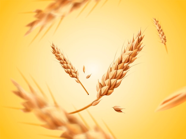 Flying wheats ingredient in 3d illustration on yellow background