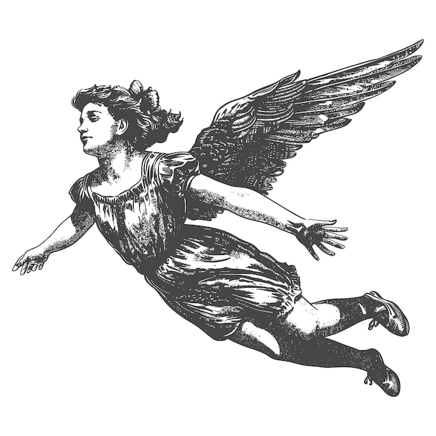 Vector flying woman with engraving style black color only