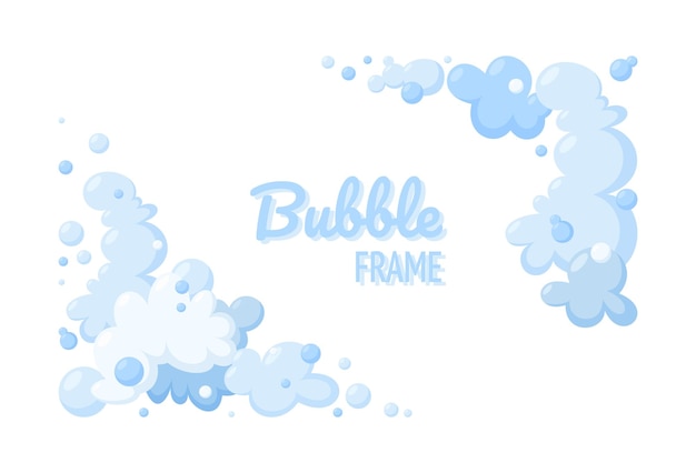 Foam made of soap or clouds. Set of light blue foam and bubbles of different shapes. Cloudy frame and corners. Vector illustration in cartoon style