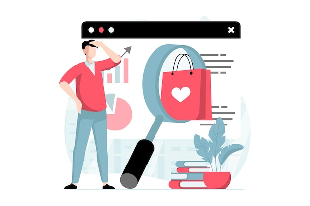 Focus group concept with people scene in flat design Man explores market and buyer behavior analyzes data and surveys on charts at presentation Vector illustration with character situation for web