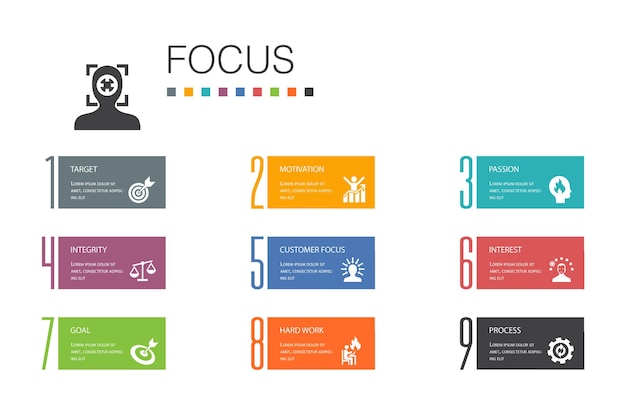 Focus Infographic 10 option line concept.target, motivation, integrity, process simple icons