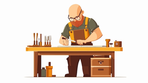 Vector focused bald craftsman with eyeglasses measuring glass