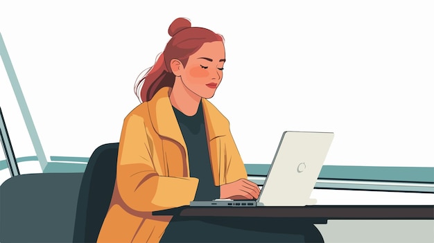 Vector focused female entrepreneur typing on laptop while sitting