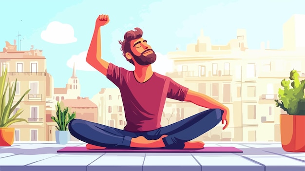 Focused man with closed eyes stretching arm in yoga pose