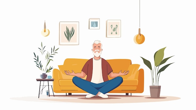 Vector focused mature man practicing meditation in crossed leg position