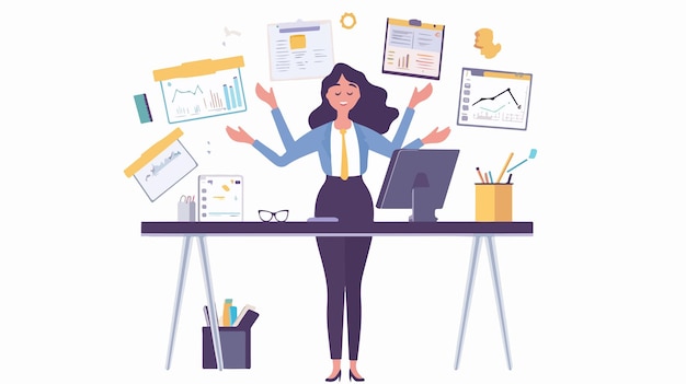 Vector focused multitasking businesswoman with young girl standing