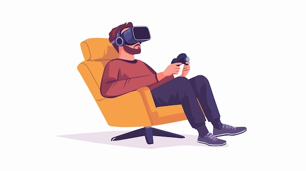 Vector focused video gamer sitting in armchair playing video games