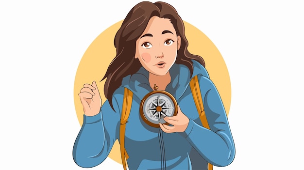 Focused Woman Looking at Compass Line with Vector Illustration