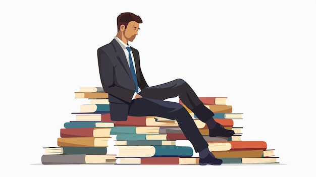 Focused Young Businessman on Stack of Vintage Books