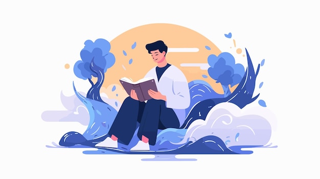 Vector focused young man reading psychological vector illustration