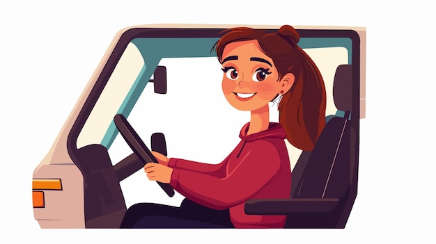 Vector focused young woman driving van on road trip