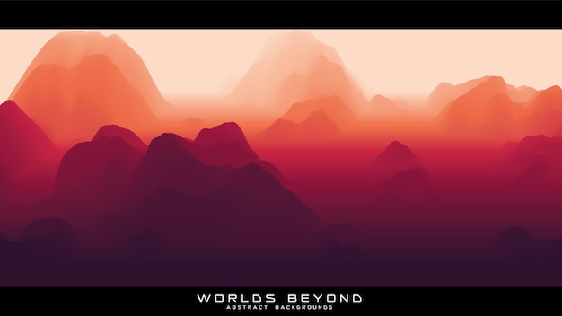 Fog over mountains. Vector landscape panorama. Abstract red gradient eroded terrain. Worlds beyond.