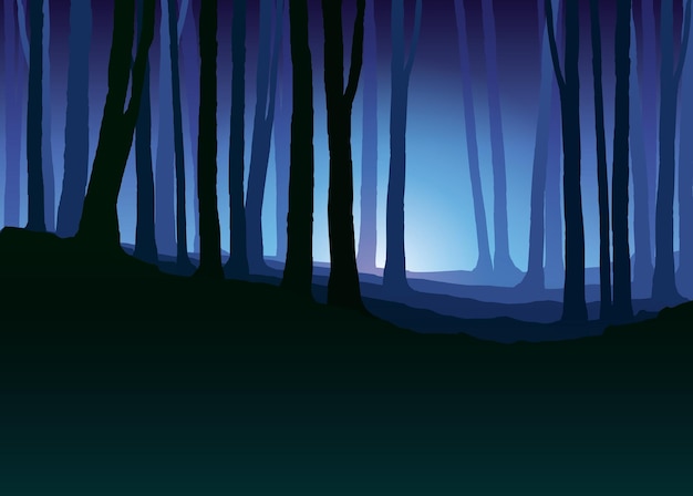 Vector foggy forest dark tree silhouette tree trunks in blue mist fog in night forest vector illustration