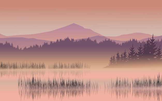 Foggy mountain lake vector landscape illustration