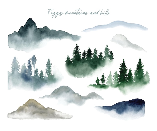 Foggy watercolor mountains hills and trees isolated elements