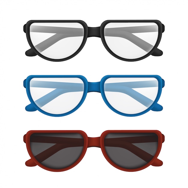 Folded glasses set with colorful frames - black, blue, red. illustration of elegant classic eyewear for reading or sun protection with transparent lens isolated on white background