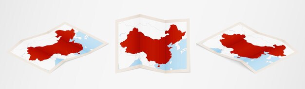 Folded map of China in three different versions.