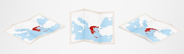 Folded map of Greece in three different versions.