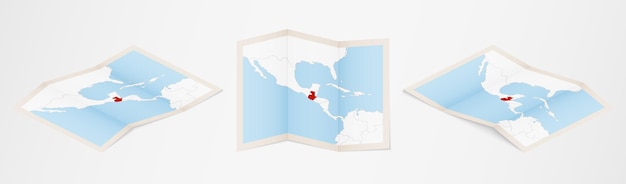 Folded map of Guatemala in three different versions.