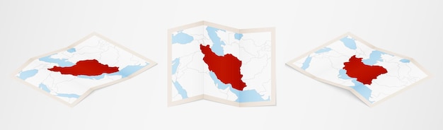 Folded map of Iran in three different versions. Vector map of Iran.