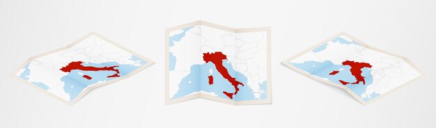 Folded map of Italy in three different versions.