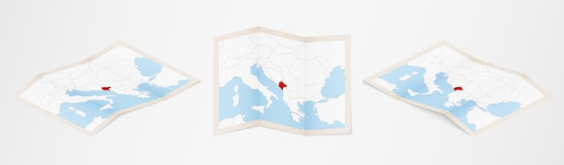 Folded map of Montenegro in three different versions.