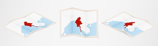 Folded map of Myanmar in three different versions.