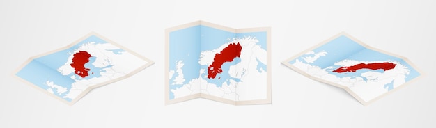 Folded map of Sweden in three different versions.