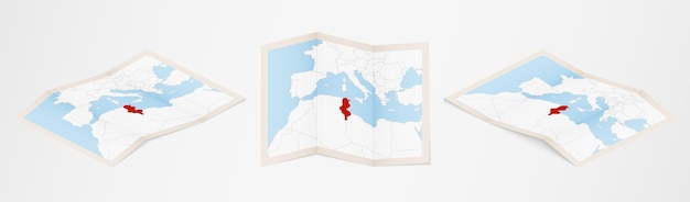 Folded map of Tunisia in three different versions.