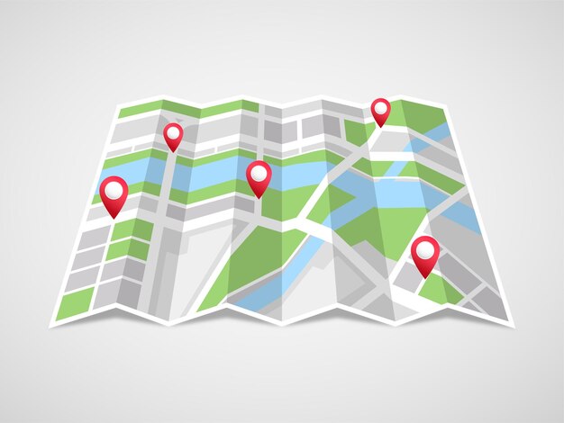 folded map with five red location pin icon