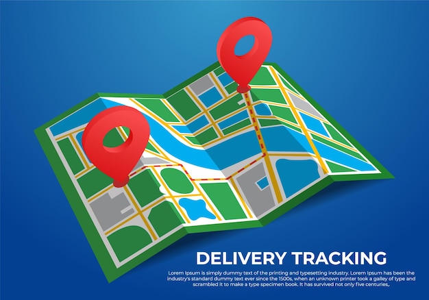 Folded maps with red color Location markers Delivery city Location is here Concept design